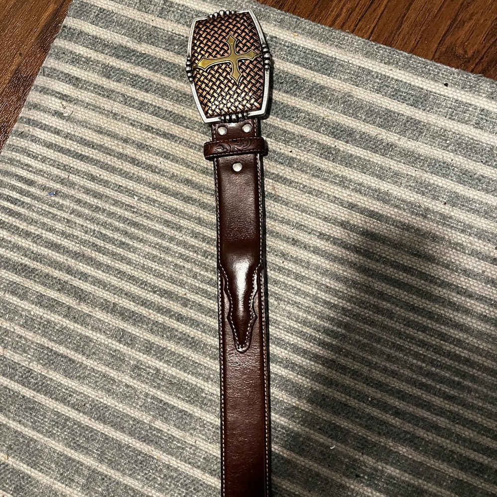 Nocona Artisan Belt Western Cowboy Brass Copper & Silver-Tone Buckle Leather